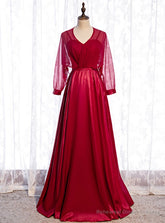 A-Line Burgundy Satin Long Sleeve V-neck Prom Dress
